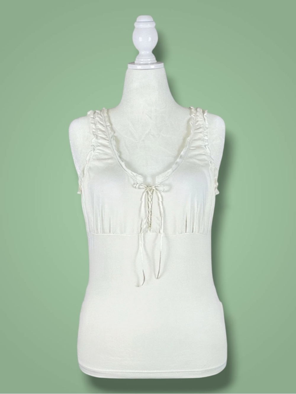 Vintage Dressbarn Tank Top White Ruffle Lace Up Petite Cottagecore Fairycore PL